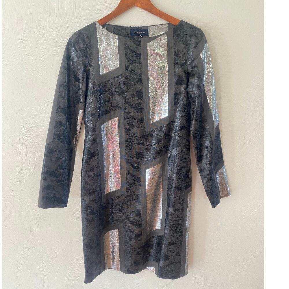 Piazza Sempione Italy Silver Sparkle Shift Dress Metallic Gray Long Sleeve sz 4